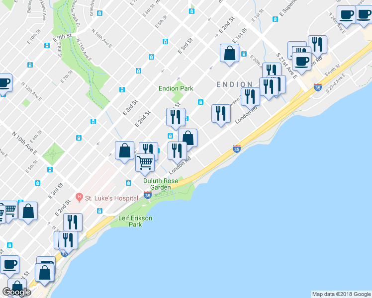 map of restaurants, bars, coffee shops, grocery stores, and more near 1420 Jefferson Street in Duluth
