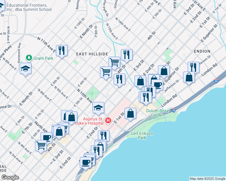 map of restaurants, bars, coffee shops, grocery stores, and more near 1126 East 3rd Street in Duluth
