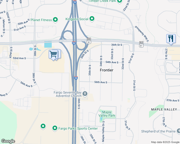 map of restaurants, bars, coffee shops, grocery stores, and more near 5502 35th Street South in Frontier