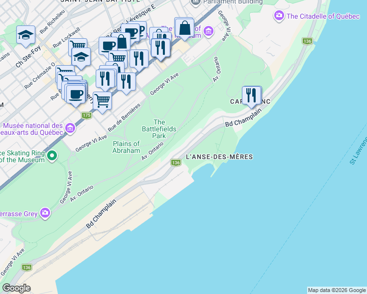 map of restaurants, bars, coffee shops, grocery stores, and more near 674 Rue Champlain in Québec