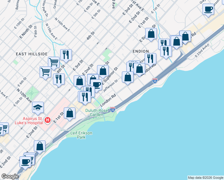 map of restaurants, bars, coffee shops, grocery stores, and more near 109 South 15th Avenue East in Duluth