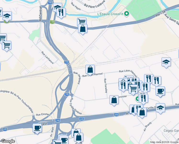 map of restaurants, bars, coffee shops, grocery stores, and more near 2250 Rue Léon-Harmel in Québec City