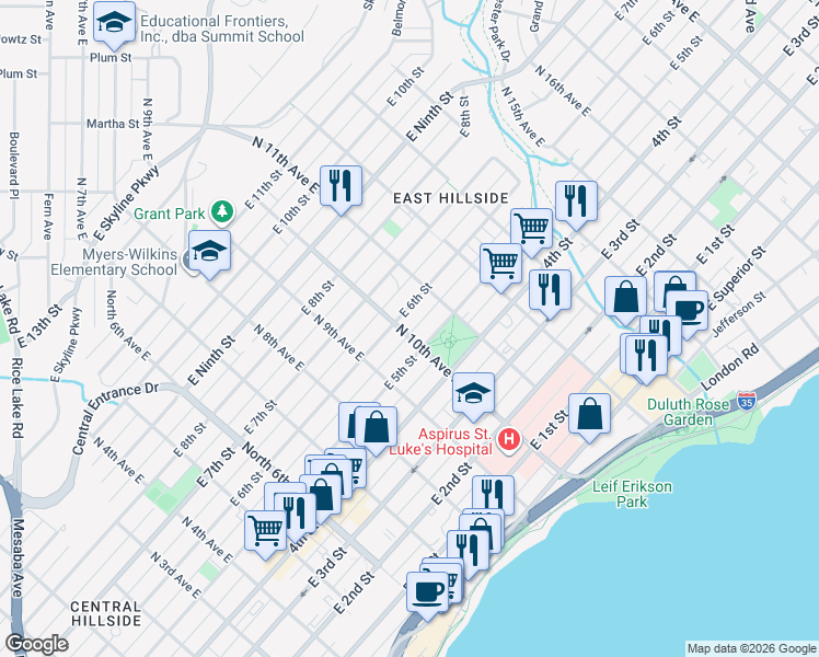 map of restaurants, bars, coffee shops, grocery stores, and more near 1003 East 5th Street in Duluth