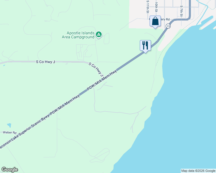 map of restaurants, bars, coffee shops, grocery stores, and more near South Co Highway J in Bayfield