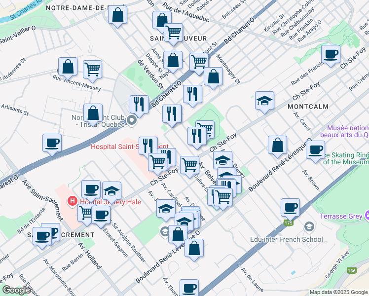 map of restaurants, bars, coffee shops, grocery stores, and more near 750 Avenue Belvédère in Ville de Québec