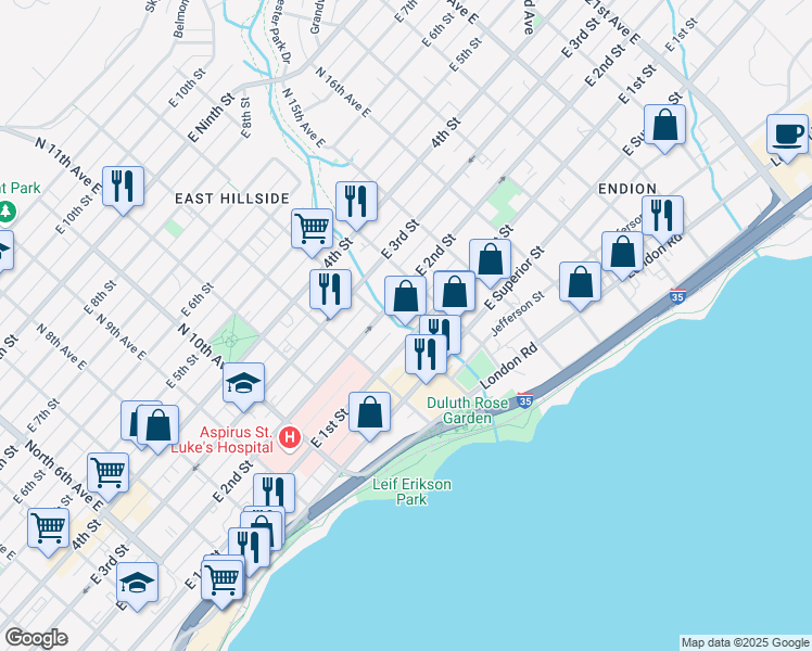 map of restaurants, bars, coffee shops, grocery stores, and more near 1225 East 1st Street in Duluth