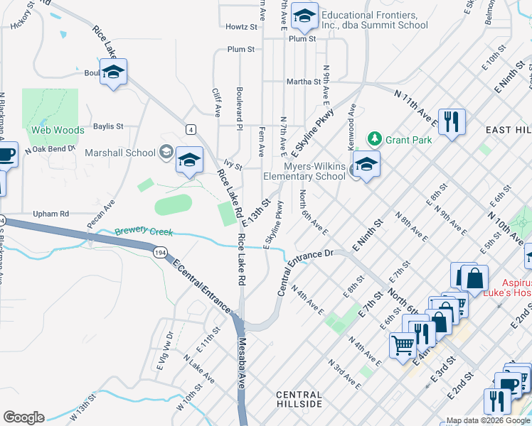 map of restaurants, bars, coffee shops, grocery stores, and more near 430 East 13th Street in Duluth