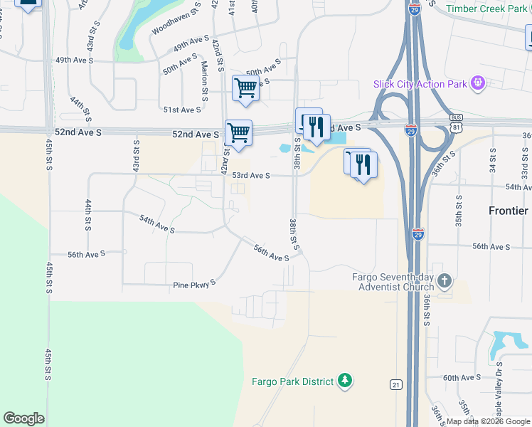 map of restaurants, bars, coffee shops, grocery stores, and more near 5537 38th Street South in Fargo