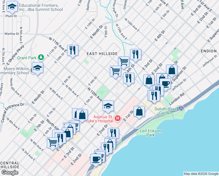 map of restaurants, bars, coffee shops, grocery stores, and more near 1028 East 4th Street in Duluth