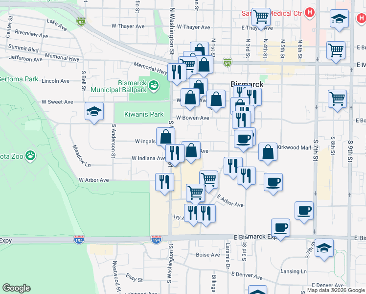 map of restaurants, bars, coffee shops, grocery stores, and more near 140 East Indiana Avenue in Bismarck