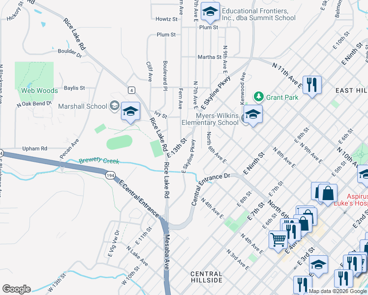 map of restaurants, bars, coffee shops, grocery stores, and more near 430 East 13th Street in Duluth
