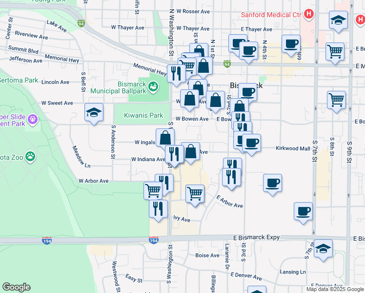 map of restaurants, bars, coffee shops, grocery stores, and more near 601 South Washington Street in Bismarck