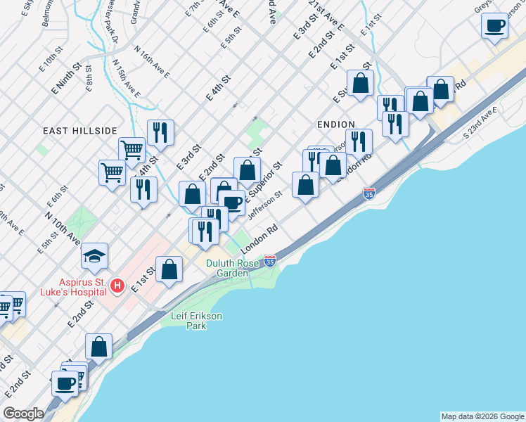 map of restaurants, bars, coffee shops, grocery stores, and more near 1420 Jefferson Street in Duluth