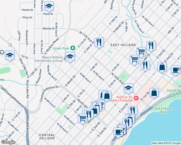 map of restaurants, bars, coffee shops, grocery stores, and more near 819 East 7th Street in Duluth