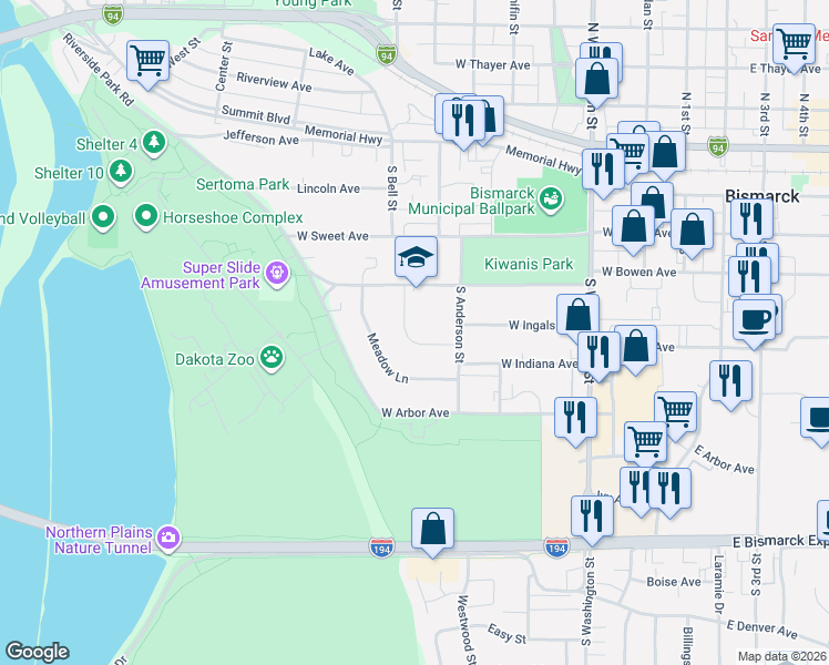 map of restaurants, bars, coffee shops, grocery stores, and more near 635 Garden Drive in Bismarck