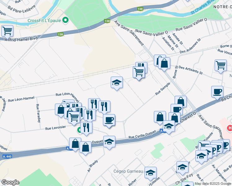 map of restaurants, bars, coffee shops, grocery stores, and more near 1500 Rue des Tanneurs in Ville de Québec