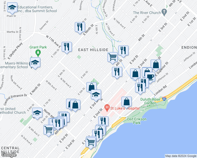 map of restaurants, bars, coffee shops, grocery stores, and more near 1028 East 4th Street in Duluth