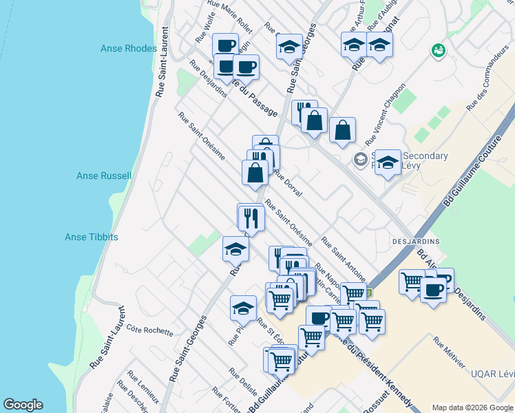 map of restaurants, bars, coffee shops, grocery stores, and more near 5683 Rue Saint-Georges in Lévis