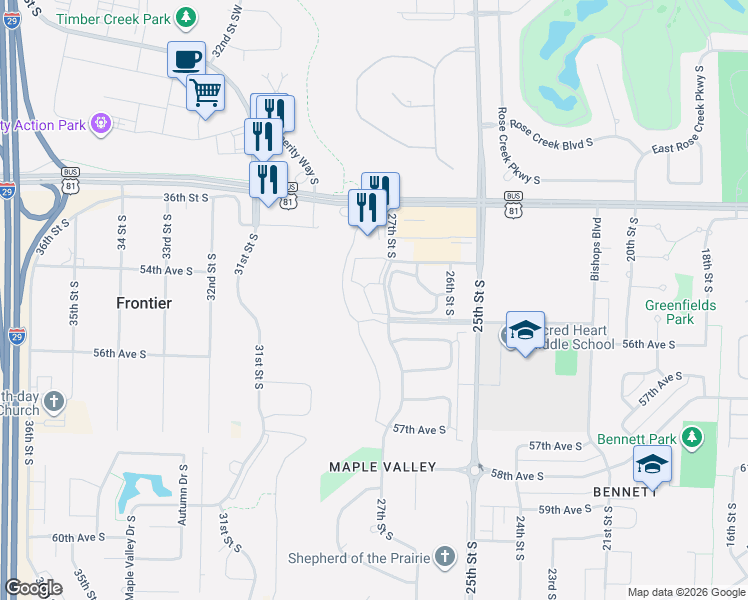map of restaurants, bars, coffee shops, grocery stores, and more near 5357 27th Street South in Fargo
