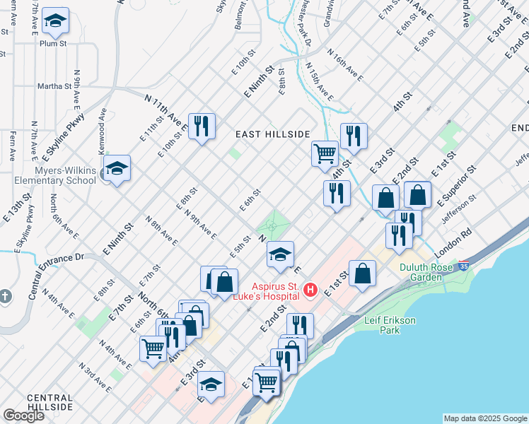 map of restaurants, bars, coffee shops, grocery stores, and more near 1023 East 5th Street in Duluth