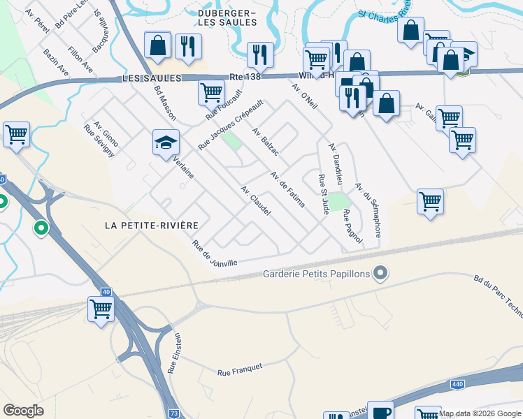 map of restaurants, bars, coffee shops, grocery stores, and more near 585 Avenue Claudel in Québec
