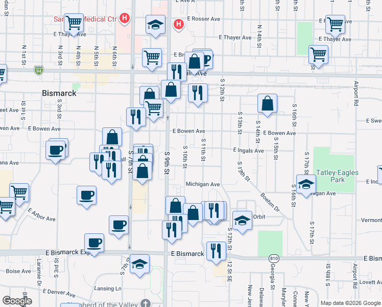 map of restaurants, bars, coffee shops, grocery stores, and more near 1020 East Indiana Avenue in Bismarck