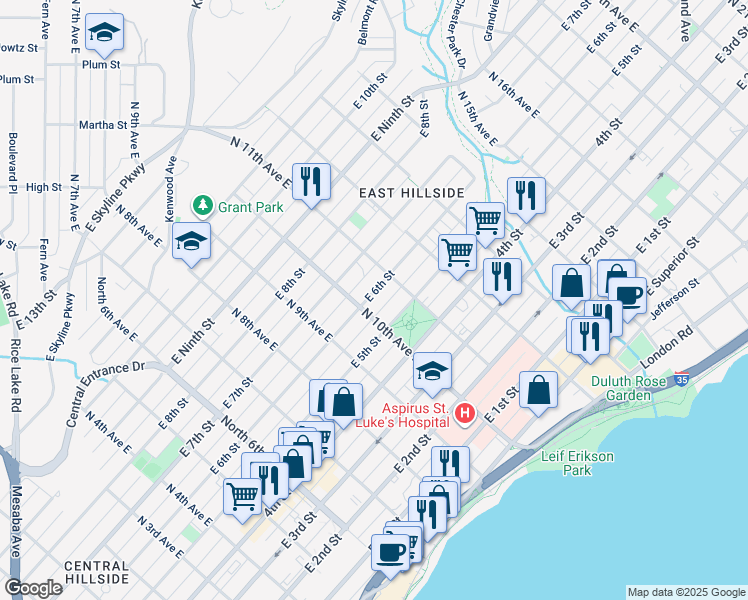 map of restaurants, bars, coffee shops, grocery stores, and more near 1003 East 5th Street in Duluth