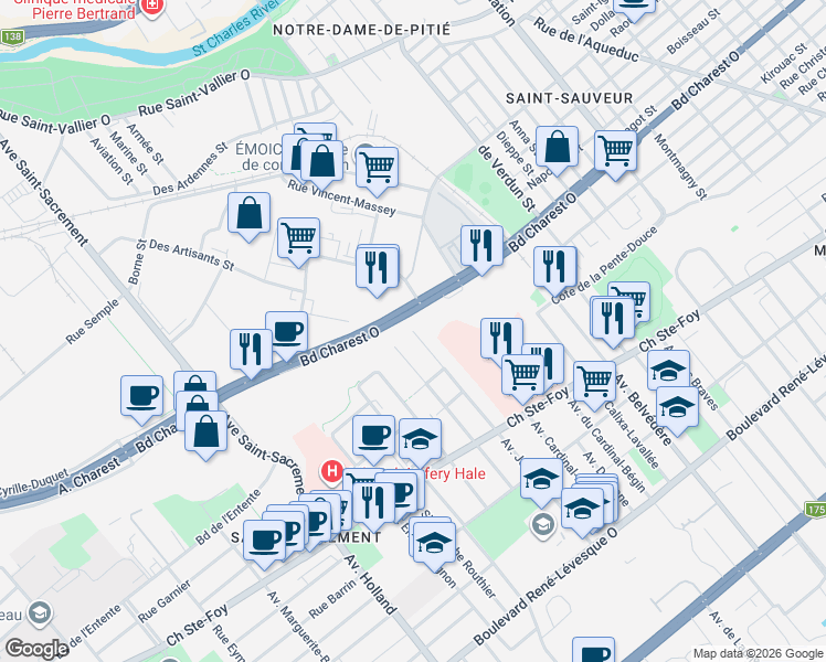 map of restaurants, bars, coffee shops, grocery stores, and more near Avenue Joffre in Québec