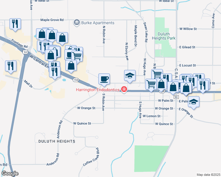 map of restaurants, bars, coffee shops, grocery stores, and more near 307 West Central Entrance in Duluth