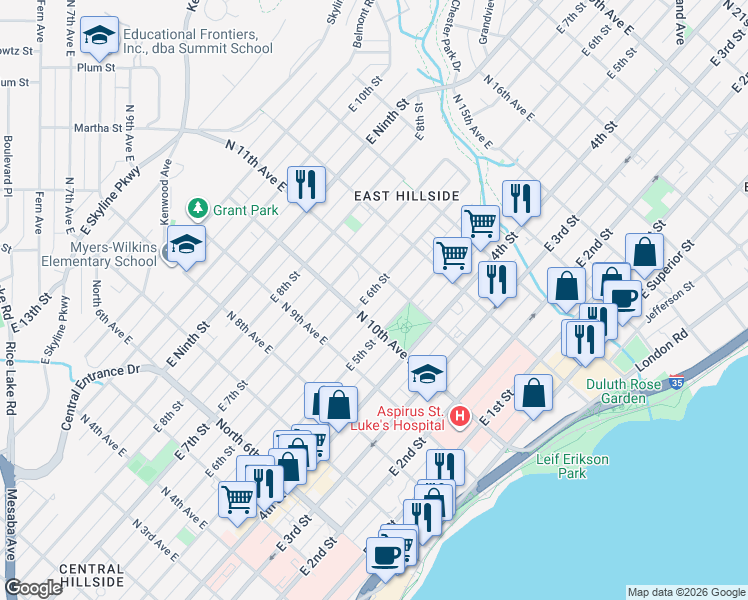 map of restaurants, bars, coffee shops, grocery stores, and more near 532 North 11th Avenue East in Duluth