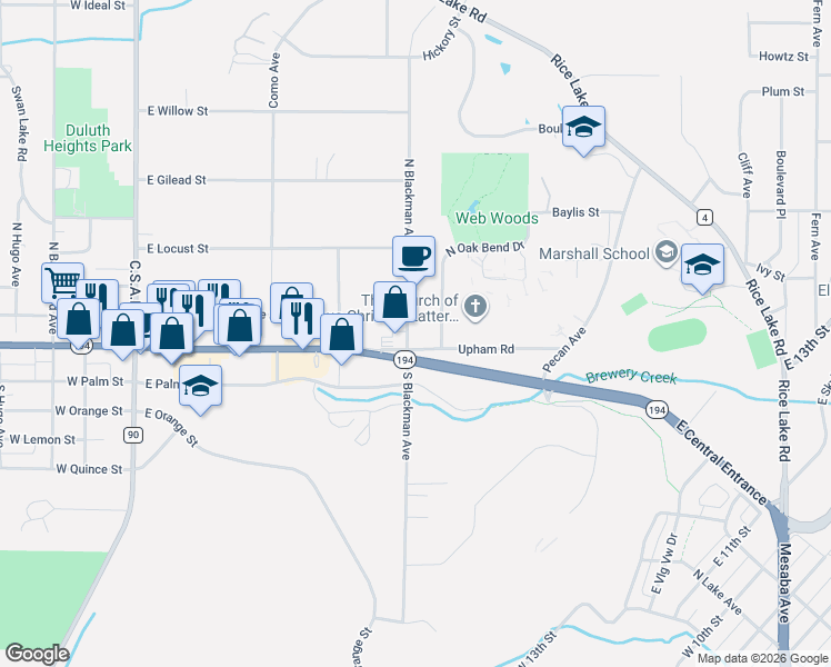 map of restaurants, bars, coffee shops, grocery stores, and more near 304 North Blackman Avenue in Duluth