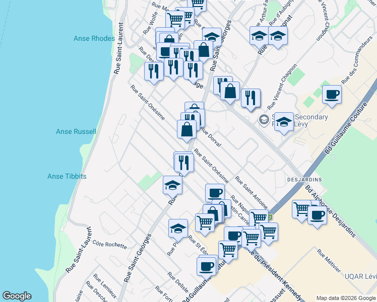 map of restaurants, bars, coffee shops, grocery stores, and more near 5683 Rue Saint-Georges in Lévis