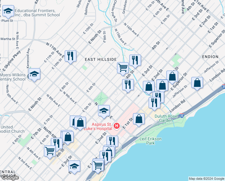 map of restaurants, bars, coffee shops, grocery stores, and more near 1119 East 4th Street in Duluth