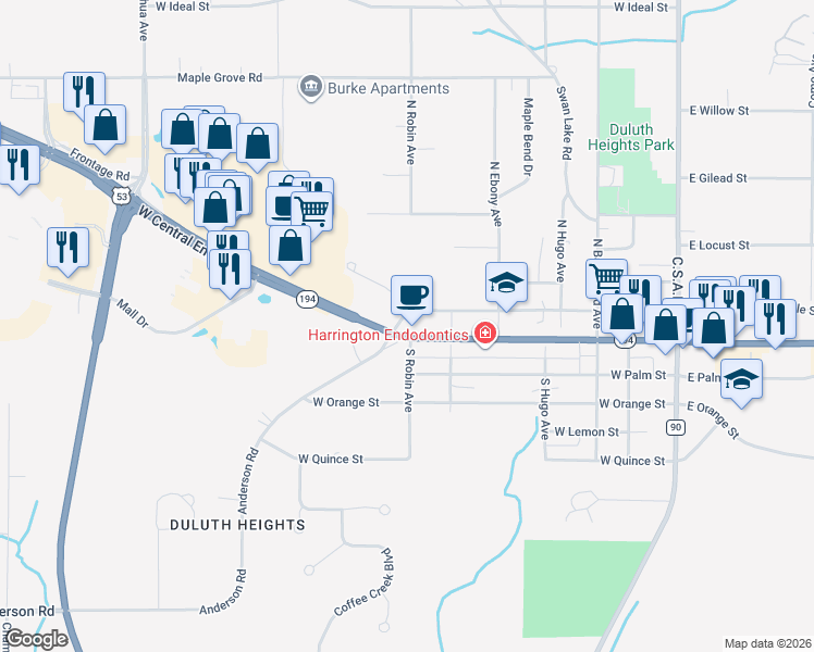 map of restaurants, bars, coffee shops, grocery stores, and more near 320 West Myrtle Street in Duluth