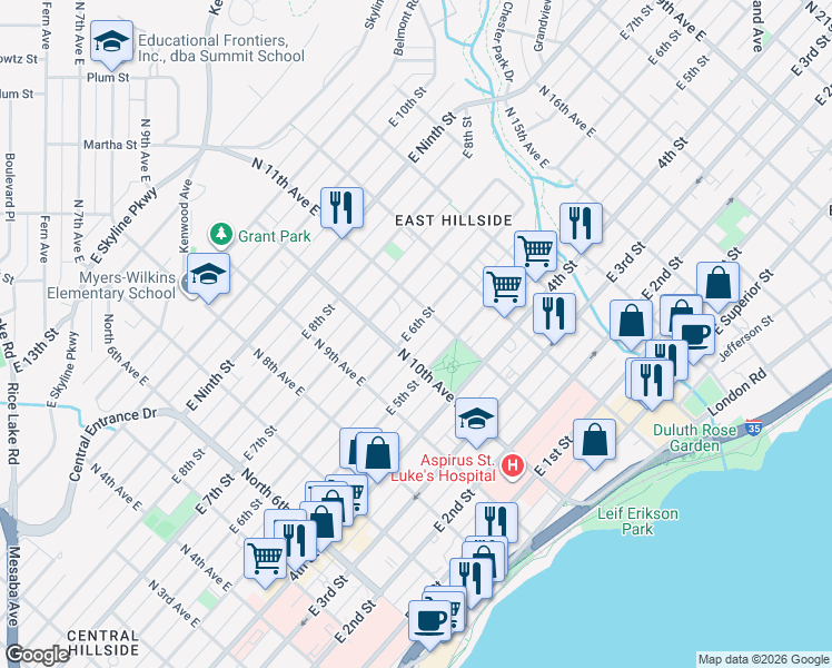 map of restaurants, bars, coffee shops, grocery stores, and more near 532 North 11th Avenue East in Duluth