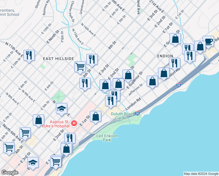 map of restaurants, bars, coffee shops, grocery stores, and more near 1401 East 1st Street in Duluth