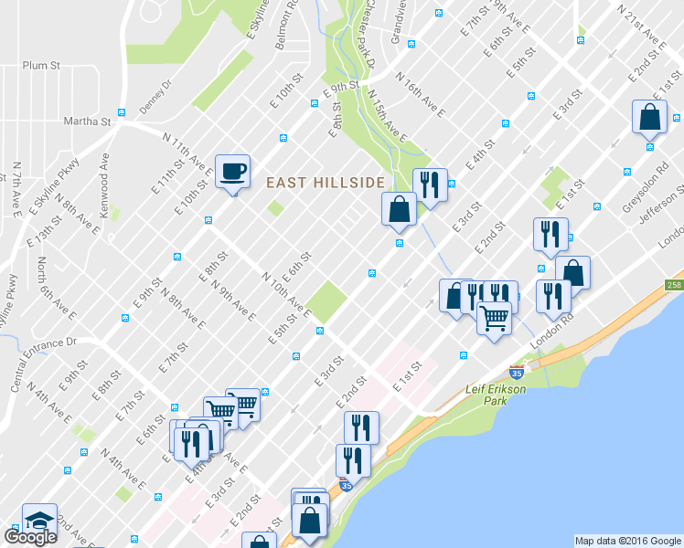 map of restaurants, bars, coffee shops, grocery stores, and more near 1119 East 5th Street in Duluth