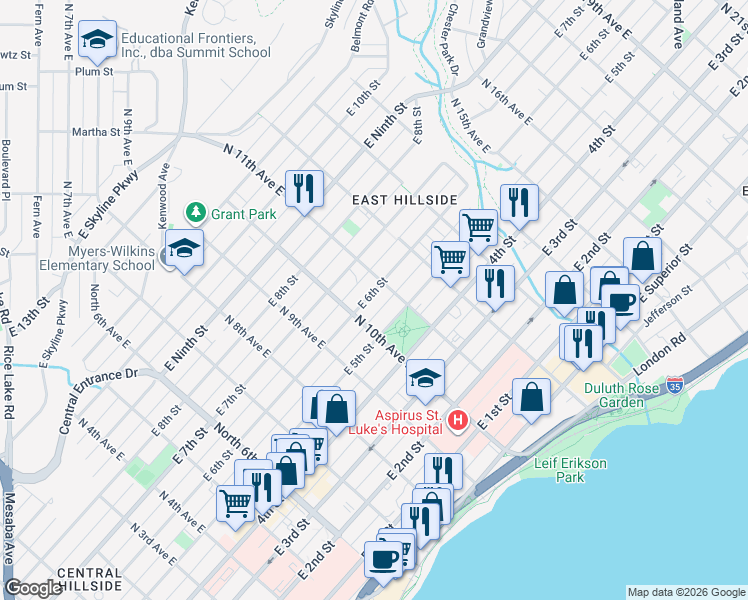 map of restaurants, bars, coffee shops, grocery stores, and more near 532 North 11th Avenue East in Duluth