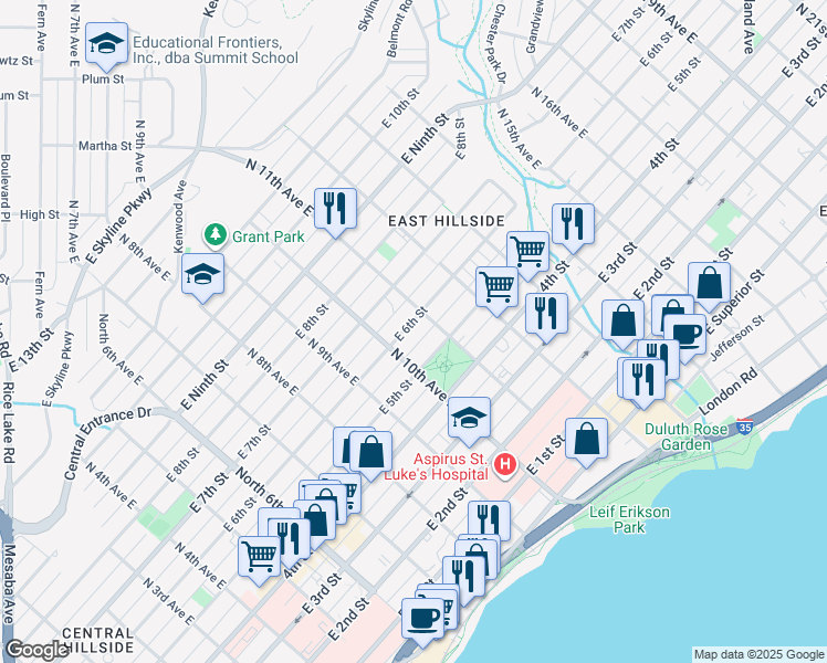 map of restaurants, bars, coffee shops, grocery stores, and more near 532 North 11th Avenue East in Duluth