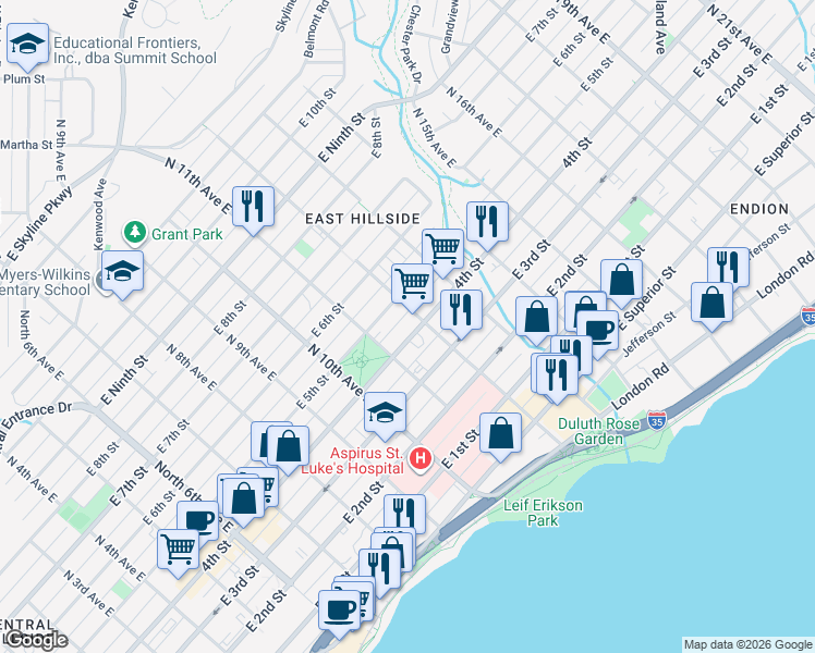 map of restaurants, bars, coffee shops, grocery stores, and more near 1123 East 4th Street in Duluth