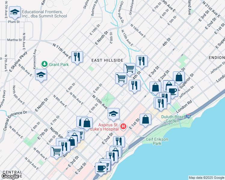 map of restaurants, bars, coffee shops, grocery stores, and more near 1110 East 5th Street in Duluth