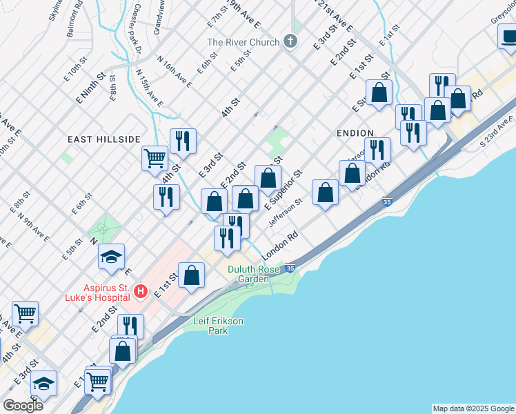 map of restaurants, bars, coffee shops, grocery stores, and more near 1415 East Superior Street in Duluth