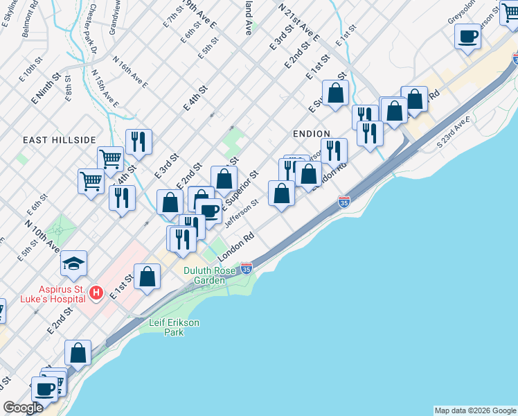 map of restaurants, bars, coffee shops, grocery stores, and more near 1530 Jefferson Street in Duluth