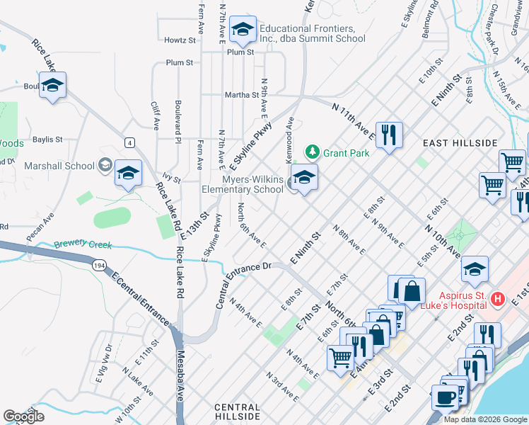 map of restaurants, bars, coffee shops, grocery stores, and more near 703 East 11th Street in Duluth