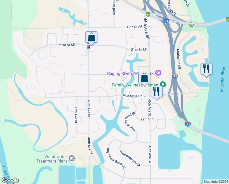 map of restaurants, bars, coffee shops, grocery stores, and more near 2641 Douglas Place Southeast in Mandan