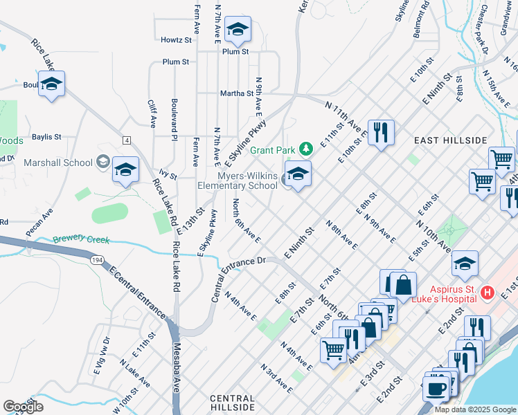 map of restaurants, bars, coffee shops, grocery stores, and more near 1105 North 7th Avenue East in Duluth