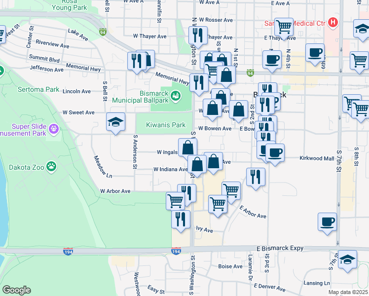 map of restaurants, bars, coffee shops, grocery stores, and more near 319 West Bowen Avenue in Bismarck