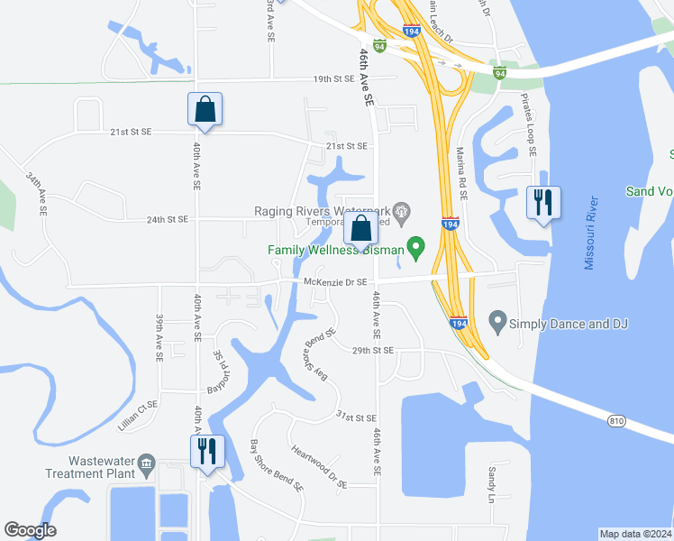 map of restaurants, bars, coffee shops, grocery stores, and more near 2529 Waterpark Loop SouthEast in Mandan