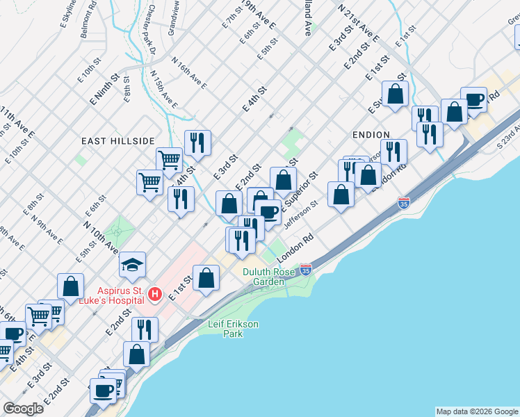 map of restaurants, bars, coffee shops, grocery stores, and more near 1401 East 1st Street in Duluth