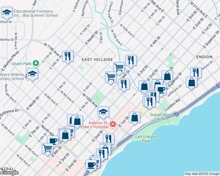 map of restaurants, bars, coffee shops, grocery stores, and more near 412 North 12th Avenue East in Duluth